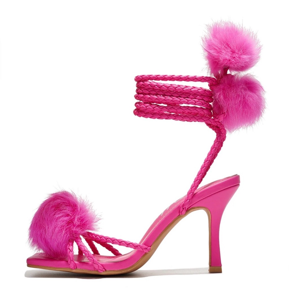Cape Robbin Fuchsia Pink Pom-Pom Braided Ankle-Tie High Heel Sandal size 8.5
